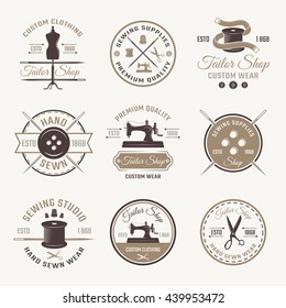 Color tailor emblem or logo set with descriptions of custom clothing wear hand sewn and premium quality vector illustration