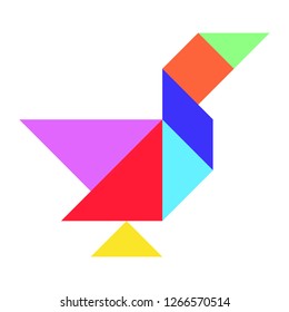 Color tangram puzzle in bird (duck, goose, swan) shape on white background