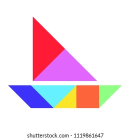 Color tangram puzzle in boat, ship or yacht shape on white background (Vector)