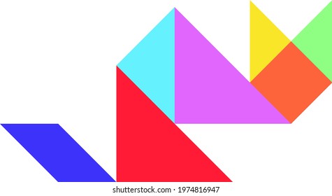 Color tangram puzzle in cat shape on white background
