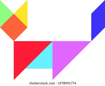 Color tangram puzzle in cat shape on white background
