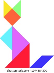 Color tangram puzzle in cat shape on white background