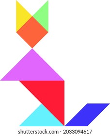 Color tangram puzzle in cat shape on white background