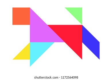 Color tangram puzzle in running dog shape on white background (Vector)