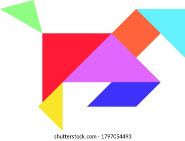 Color tangram puzzle in running horse shape on white background 