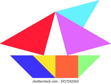 Color tangram puzzle in sailing boat shape on white background 