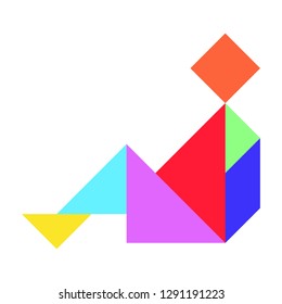 Color tangram puzzle in sitting man shape on white background (vector)