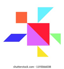 Color tangram puzzle in turtle or tortoise shape on white background