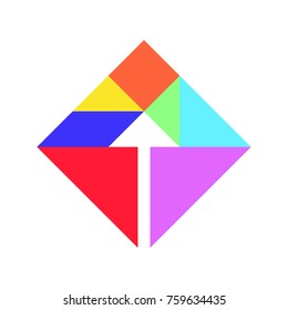 Color tangram in square with arrow inside shape on whtie background (Vector)