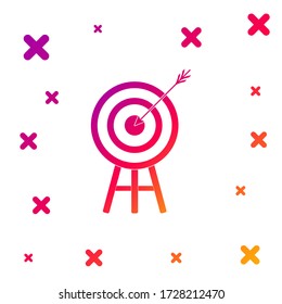 Destino de color con icono de flecha aislado en fondo blanco. Cartel del tablero de dibujo. Icono del tablero de tiro con arco. Cartel de pizarra. Concepto de objetivo comercial. Gradiente formas dinámicas aleatorias. Ilustración vectorial