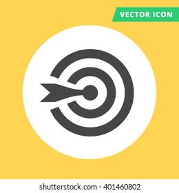 Color target icon, pictograph of target, icon flat isolated target, arrow hit the center of target black color in circle on orange background