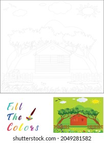 Color task : Landscape with house, The coloring book for preschool kids with easy educational gaming level.