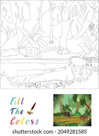 Color task : Natural forest with cute animals, The coloring book for preschool kids with easy educational gaming level.