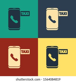 Color Taxi call telephone service icon isolated on color background. Taxi for smartphone. Vintage style drawing. Vector Illustration