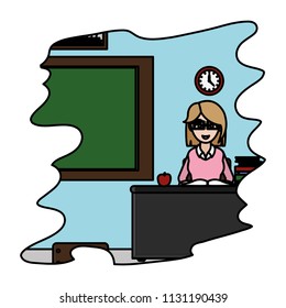color teacher sitting in her desk with book and apple