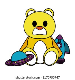 color teddy bear with rocket and ufo toys