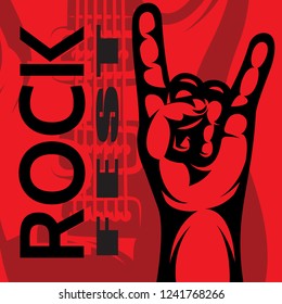 Color template on rock music theme with hand and guitar on background.