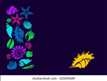 Color template. Set of silhouettes of sea shells. Starfish, shell, conch, spiral, helix. Place for text. Vector illustration for greeting card, wallpaper, background