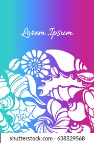Color template of silhouettes of seashells. Undersea world. Place for text. Conch, spiral, helix. Vector for greeting card, wallpaper, background. 