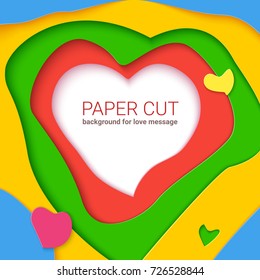 Color templates with paper cut shapes, modern abstract design. Realistic multi layers, carving of paper. Papercut shapes with shadow. Vector 3D Illustration for romantic cards, postr, or banners