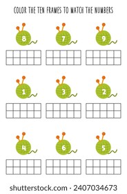 Farbe zehn Rahmen entsprechend der Zahl auf grünen Kugeln von Garnen. Mathe-Arbeitsblatt für Kinder.