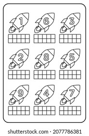 Color the ten frames according to the numbers in the object image. Educational matching, counting and coloring game worksheets for kindergarten and preschool. Flat vector illustration of space rocket.