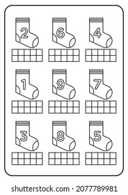 Color the ten frames according to the numbers in the object image. Educational matching, counting and coloring game worksheets for kindergarten and preschool. Flat vector illustration of a sock.
