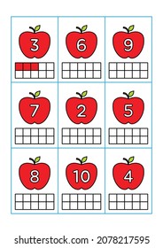 Color the ten frames according to the numbers in the object image. Educational matching, counting and coloring game worksheets for kindergarten and preschool. Flat vector illustration of an apple.