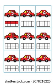 Color the ten frames according to the numbers in the object image. Educational matching, counting and coloring game worksheets for kindergarten and preschool. Flat vector illustration of a car.