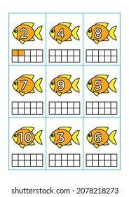 Color los diez marcos según los números de la imagen de objeto. Hojas de trabajo de juegos de emparejamiento, recuento y coloración educativa para jardines de infancia y preescolar. Ilustración vectorial plana de un pez dorado.