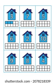 Color the ten frames according to the numbers in the object image. Educational matching, counting and coloring game worksheets for kindergarten and preschool. Flat vector illustration of a house.