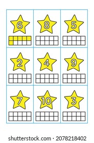 Color the ten frames according to the numbers in the object image. Educational matching, counting and coloring game worksheets for kindergarten and preschool. Flat vector illustration of a star symbol