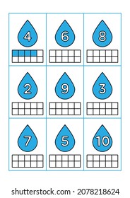 Color the ten frames according to the numbers in the object image. Educational matching, counting and coloring game worksheets for kindergarten and preschool. Flat vector illustration of water drops.