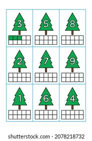 Color the ten frames according to the numbers in the object image. Educational matching, counting and coloring game worksheets for kindergarten and preschool. Flat vector illustration of a pine tree.