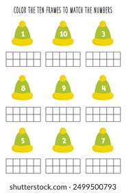 Color ten frames according to the numbers. Math worksheet for kids.