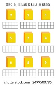 Colorea diez cuadros según los números. Hoja de cálculo de matemáticas para niños.