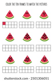 Color ten frames according to the pictures. Math worksheet for kids.