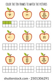 Colorea diez marcos según las imágenes. Hoja de cálculo de matemáticas para niños.