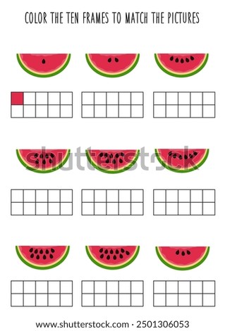 Color ten frames according to the pictures. Math worksheet for kids.