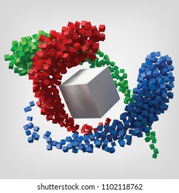 color teory concept with red, green and blue cube trails orbiting around big white cube. 3d style vector illustration.