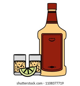 color tequila liquor bottle and glass with lemon