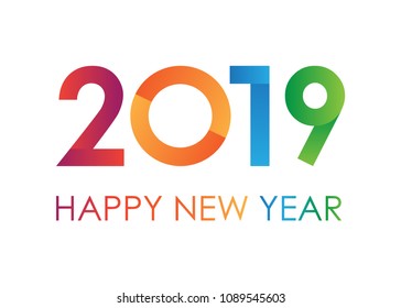 Color text 2019 Happy New Year text for greeting card on white background, calendar, invitation. Vector illustration.