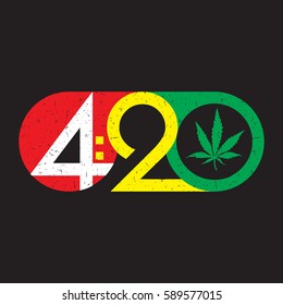 Color text 420 with cannabis leaf inside of circle on grunge background. 