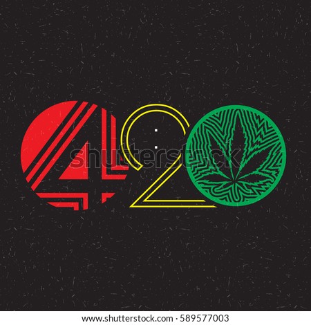 Color text 420 with cannabis leaf inside of circle on grunge background. 
