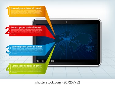 Color text boxes with realistic tablet on light grid background