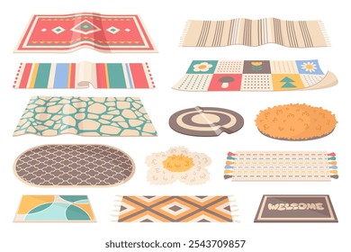 Color textile mats. Wool interior textile, cozy home fabric elements, fluffy patterned doormat, funny carpets different shapes, ethnic and contemporary cartoon flat isolated vector set