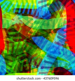 Color texture with domination of green, blue and red. Strips and spots. Offset, overlap, overlay, transparency. Abstract seamless vector pattern. Easy editing.