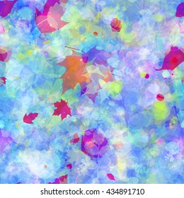 Color texture with a predominance of blue. Leaves as frozen. Abstract vector seamless pattern. Easy editable. The effect of blur and watercolors. Leaves mixed randomly