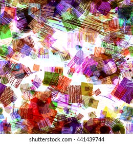 Color texture. White backdrop. Stains of strokes. Different forms and sizes. Predominance of square shapes. Abstract seamless vector pattern. Easy editing. Hatch, overlay, transparency, overlap.