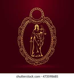 Color themis goddess of justice. Femida vector illustration. Lady goddess of justice symbol. Vintage border.